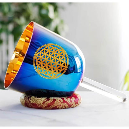 Blue Flower Of Life Crystal Bowl With Handle Deluxe Gold Plated 7 Chakra Crystal Singing Bowl Handle