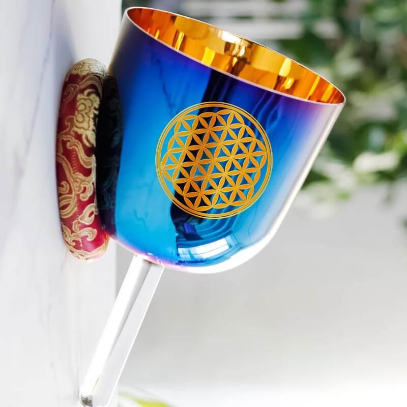 Blue Flower Of Life Crystal Bowl With Handle Deluxe Gold Plated 7 Chakra Crystal Singing Bowl Handle