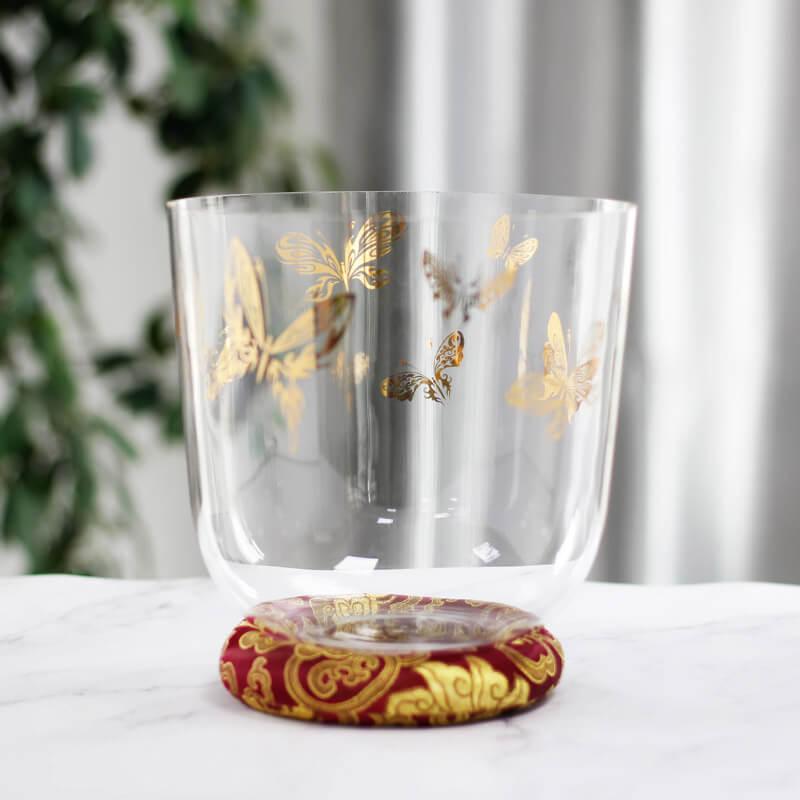 MiSoundofNature 5" - 9" Clear Crystal Bowls Gold Butterfly Pattern Design Crystal Healing Bowls