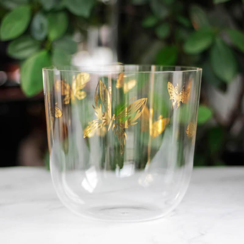 MiSoundofNature 5" - 9" Clear Crystal Bowls Gold Butterfly Pattern Design Crystal Healing Bowls