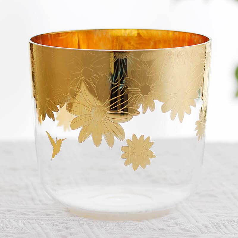 MiSoundofNature White Interior Frosted Crystal Bowl Golden Engraved Pattern Chakra Singing Bowls