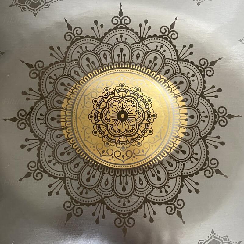 MiSoundofNature Patrón de mandala personalizado en D mayor, hecho a mano, 22 pulgadas, 9 notas, tambor de mano de acero inoxidable/acero nitruro, disponible en 432 Hz y 440 Hz, área de sonido chapada en oro