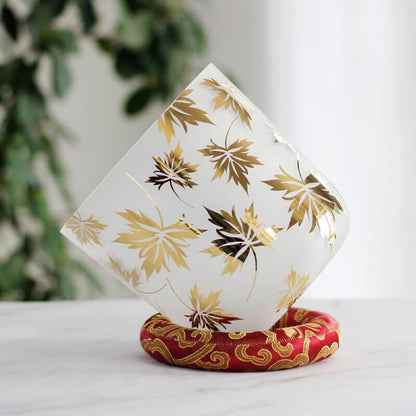 MiSoundofNature White Crystal Sound Bowl with Gilded Maple Leaf Pattern Crystal Healing Bowls