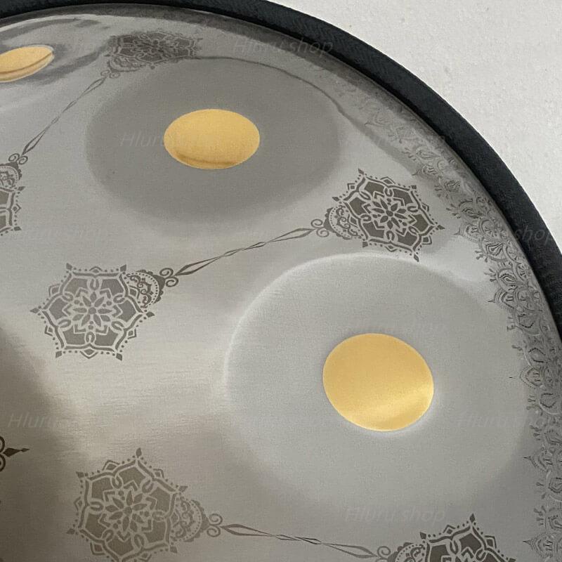 MiSoundofNature Royal Garden Stainless Steel HandPan Drum D Minor Amara Scale 22 In 9 Notes, Available in 432 Hz and 440 Hz - Gold-plated Sound Area, Laser engraved Mandala pattern. Never fade.
