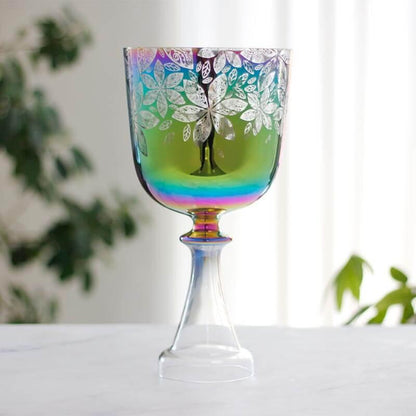 MiSoundofNature Colored Crystal Singing Chalice With Flowers Design, Chalice Singing Bowl Meditation Sound Therapy Chakra Healing Bowls