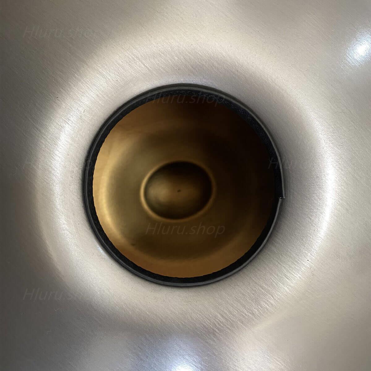 MiSoundofNature King Customized F3 Low Pygmy Scale 22 Inch 10/10+2 Notes Stainless Steel / Nitride Steel Handpan Drum, Available in 432 Hz and 440 Hz - Gold-plated Sound Area