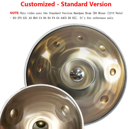 HLURU Customized D3 Master Version High-end Stainless Steel Handpan Drum, Available in 432 Hz and 440 Hz, 22 Inch 9/10/11/12/13/14/15/16 Notes Professional Performances  D3 Minor (12+2 Note) - D3-(F3 G3) A3 Bb3 C4 D4 E4 F4 G4 A4C5 D5 E5